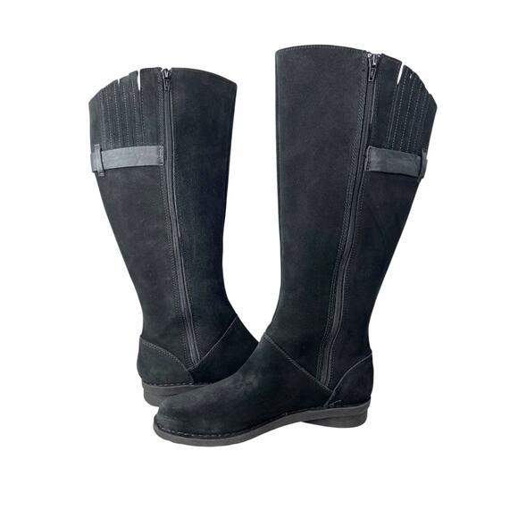 CLARKS Black Leather Knee High Riding Boots Wide Calf Buckle Detail Women’s 10W - Picture 8 of 12